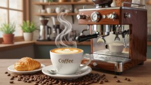 Filiżanka latte z napisem "Coffee" na filiżance stoi na spodku obok rogalika i ziaren kawy. Drewniany ekspres do kawy prezentuje sekret kawy-kawy z ekspresu o wyjątkowym smaku w przytulnej kuchni.